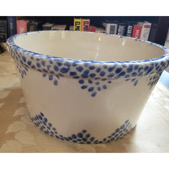 Vintage Bowl w Blue Sponge Glaze & Red Heart / Heavy Stoneware 8.25"D x 4"H 80s - Picture 5 of 12